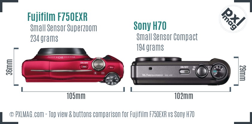 Fujifilm F750EXR vs Sony H70 top view buttons comparison