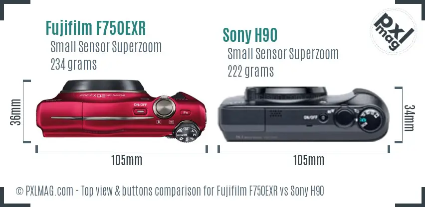 Fujifilm F750EXR vs Sony H90 top view buttons comparison Fujifilm F750EXR vs Sony H90 top view buttons comparison