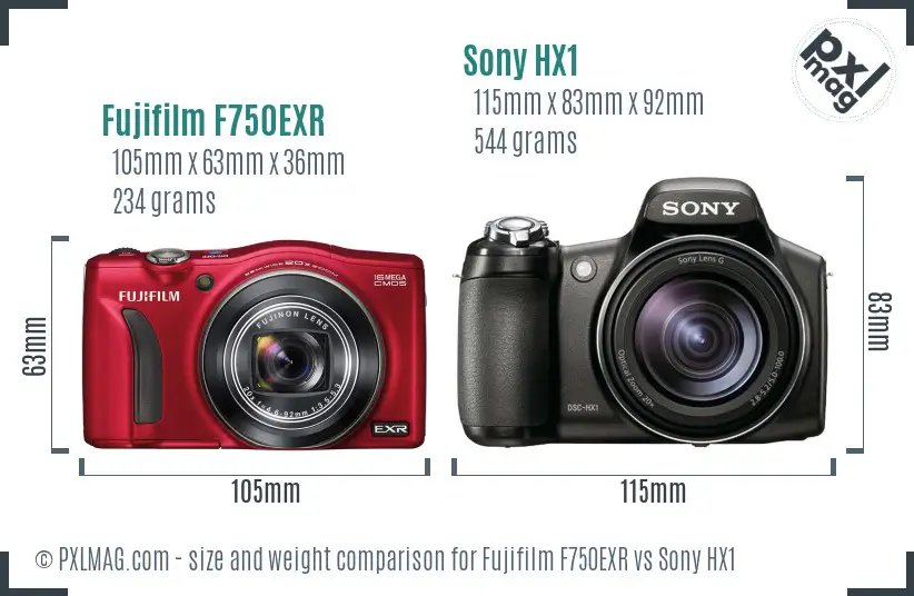 Fujifilm F750EXR vs Sony HX1 size comparison