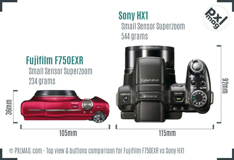 Fujifilm F750EXR vs Sony HX1 top view buttons comparison