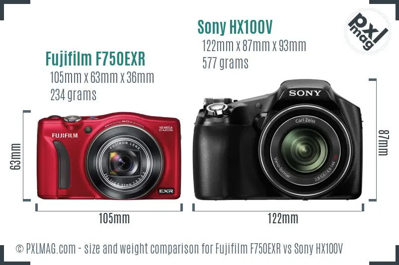 Fujifilm F750EXR vs Sony HX100V size comparison Fujifilm F750EXR vs Sony HX100V size comparison
