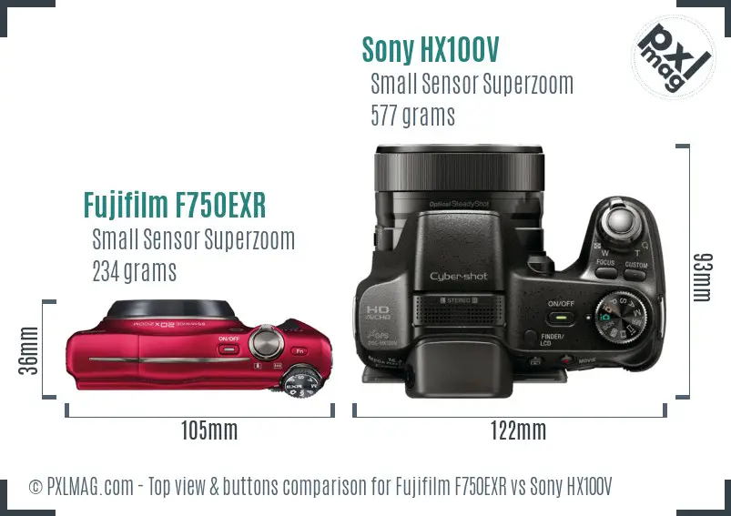 Fujifilm F750EXR vs Sony HX100V top view buttons comparison Fujifilm F750EXR vs Sony HX100V top view buttons comparison