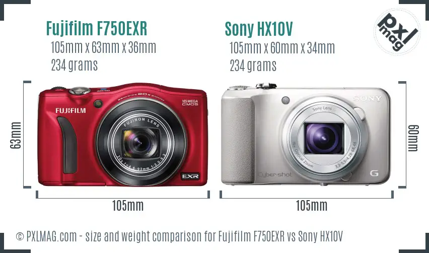 Fujifilm F750EXR vs Sony HX10V size comparison Fujifilm F750EXR vs Sony HX10V size comparison