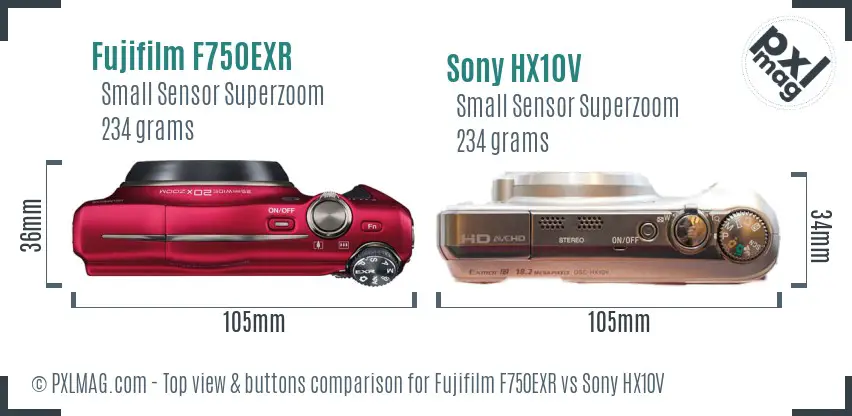 Fujifilm F750EXR vs Sony HX10V top view buttons comparison