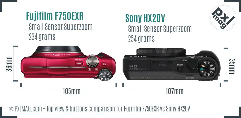 Fujifilm F750EXR vs Sony HX20V top view buttons comparison Fujifilm F750EXR vs Sony HX20V top view buttons comparison