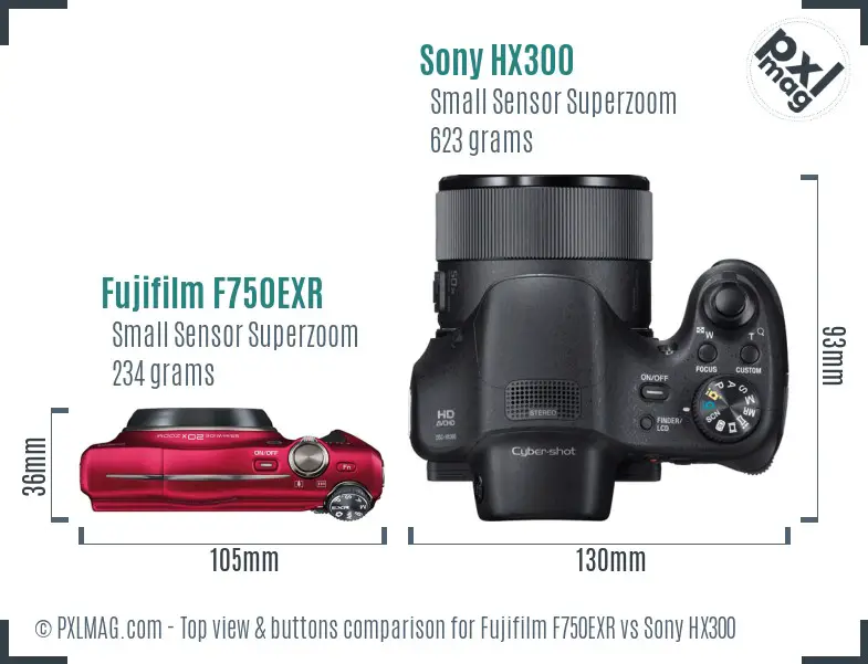 Fujifilm F750EXR vs Sony HX300 top view buttons comparison