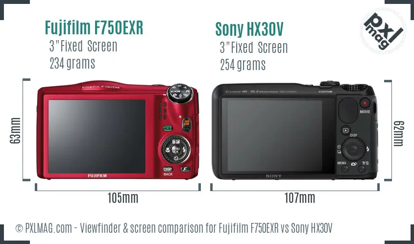 Fujifilm F750EXR vs Sony HX30V Screen and Viewfinder comparison