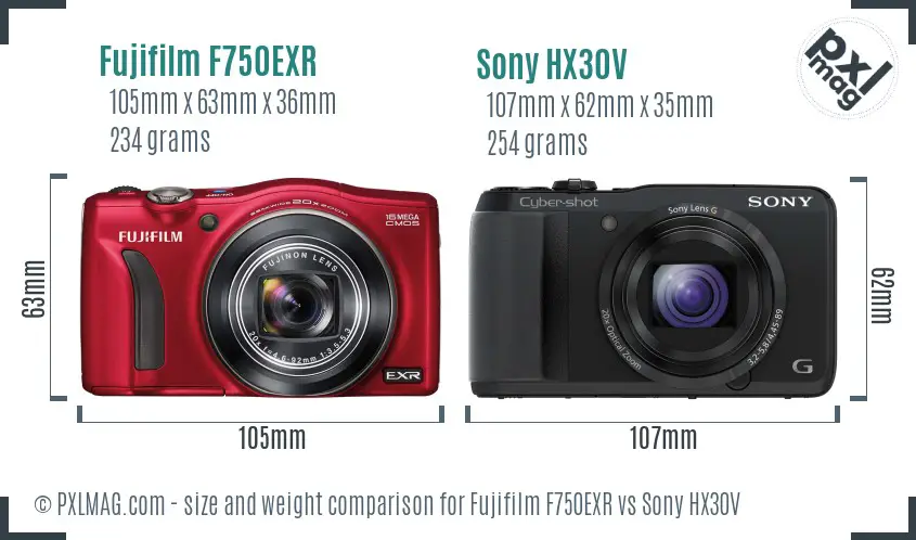 Fujifilm F750EXR vs Sony HX30V size comparison