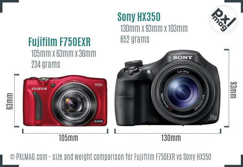 Fujifilm F750EXR vs Sony HX350 size comparison