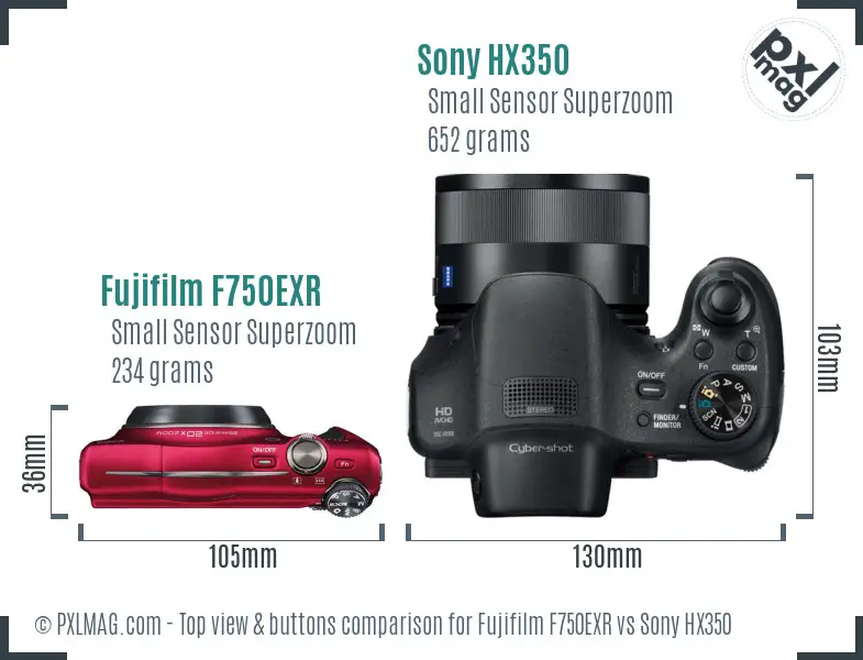 Fujifilm F750EXR vs Sony HX350 top view buttons comparison