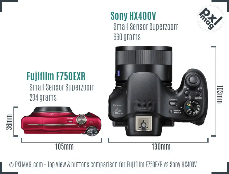 Fujifilm F750EXR vs Sony HX400V top view buttons comparison