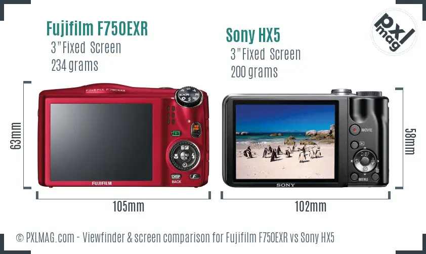 Fujifilm F750EXR vs Sony HX5 Screen and Viewfinder comparison
