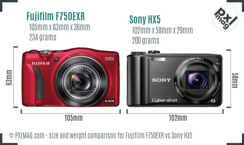 Fujifilm F750EXR vs Sony HX5 size comparison Fujifilm F750EXR vs Sony HX5 size comparison
