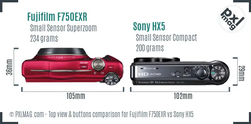 Fujifilm F750EXR vs Sony HX5 top view buttons comparison