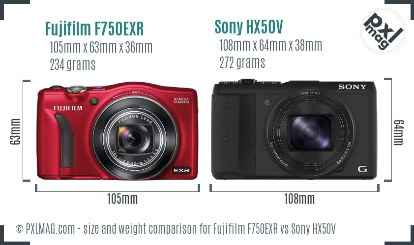 Fujifilm F750EXR vs Sony HX50V size comparison