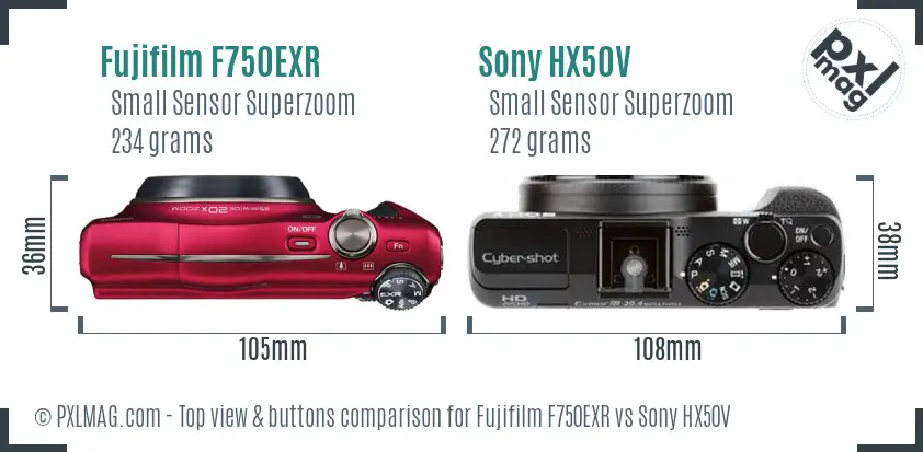 Fujifilm F750EXR vs Sony HX50V top view buttons comparison