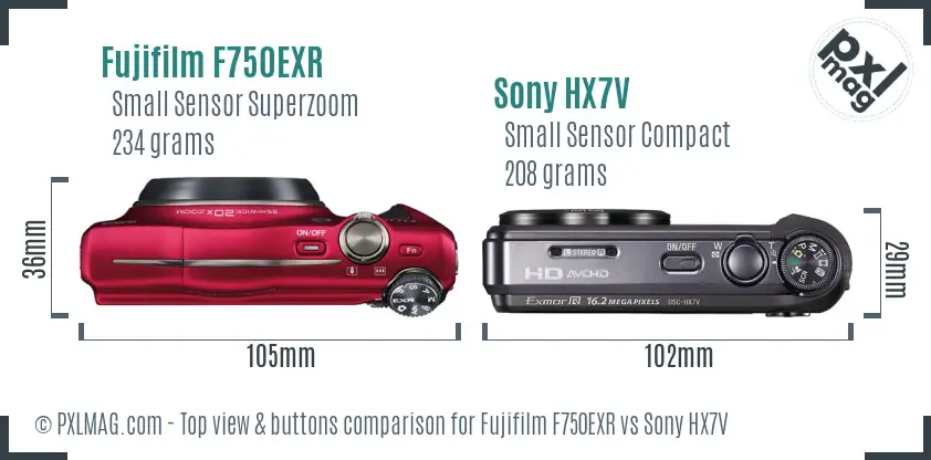 Fujifilm F750EXR vs Sony HX7V top view buttons comparison Fujifilm F750EXR vs Sony HX7V top view buttons comparison