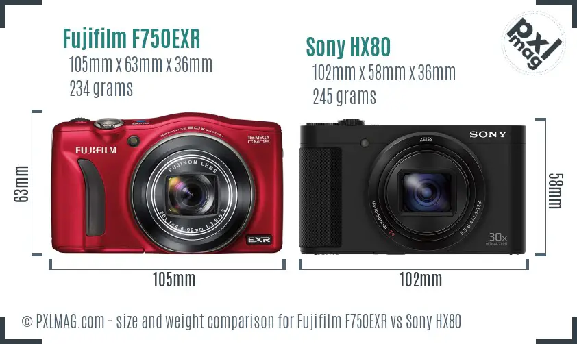 Fujifilm F750EXR vs Sony HX80 size comparison