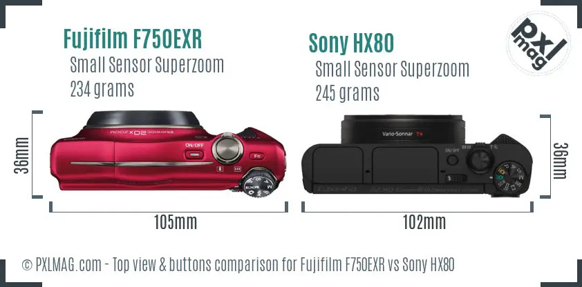 Fujifilm F750EXR vs Sony HX80 top view buttons comparison