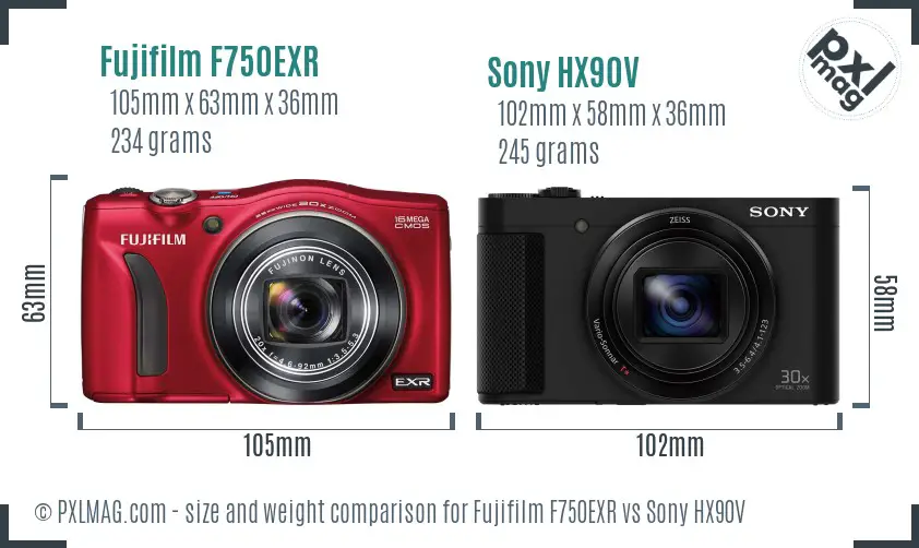 Fujifilm F750EXR vs Sony HX90V size comparison