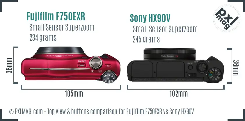 Fujifilm F750EXR vs Sony HX90V top view buttons comparison