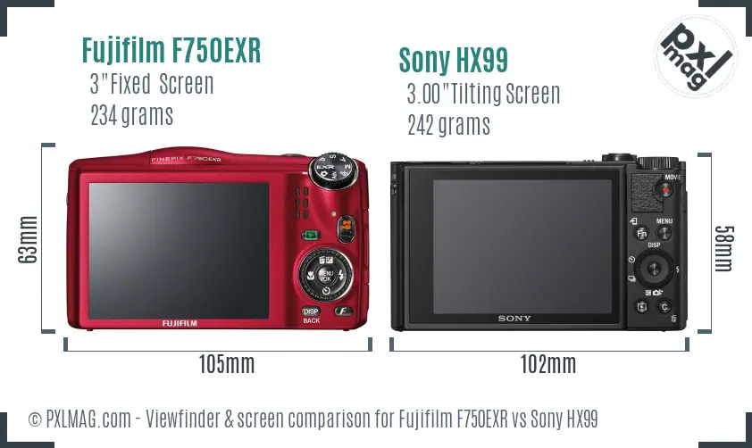 Fujifilm F750EXR vs Sony HX99 Screen and Viewfinder comparison