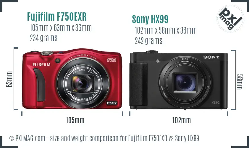 Fujifilm F750EXR vs Sony HX99 size comparison
