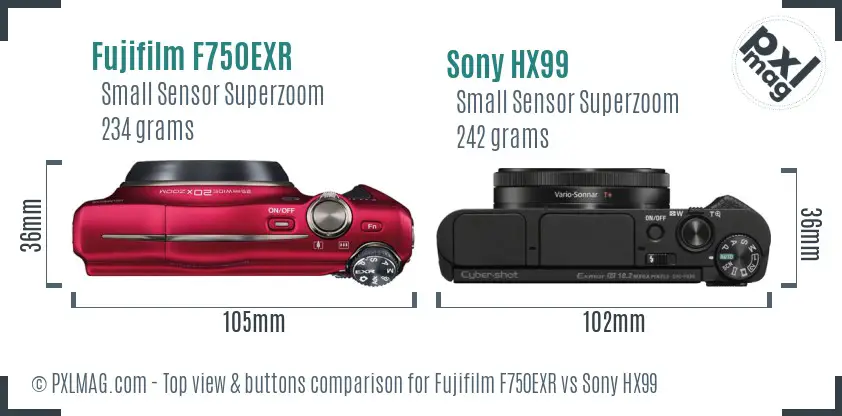 Fujifilm F750EXR vs Sony HX99 top view buttons comparison