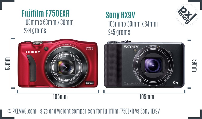Fujifilm F750EXR vs Sony HX9V size comparison