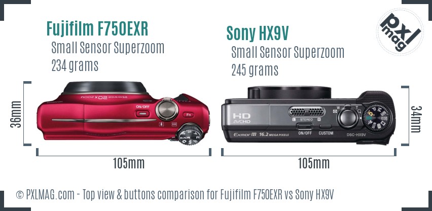 Fujifilm F750EXR vs Sony HX9V top view buttons comparison