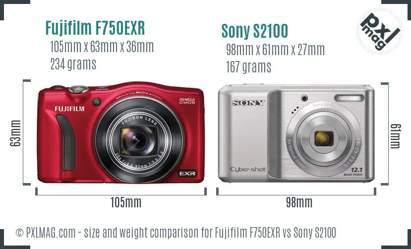 Fujifilm F750EXR vs Sony S2100 size comparison