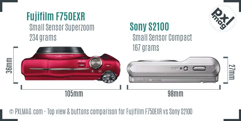 Fujifilm F750EXR vs Sony S2100 top view buttons comparison