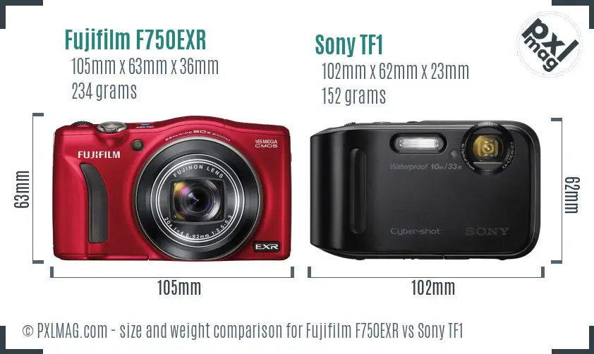 Fujifilm F750EXR vs Sony TF1 size comparison