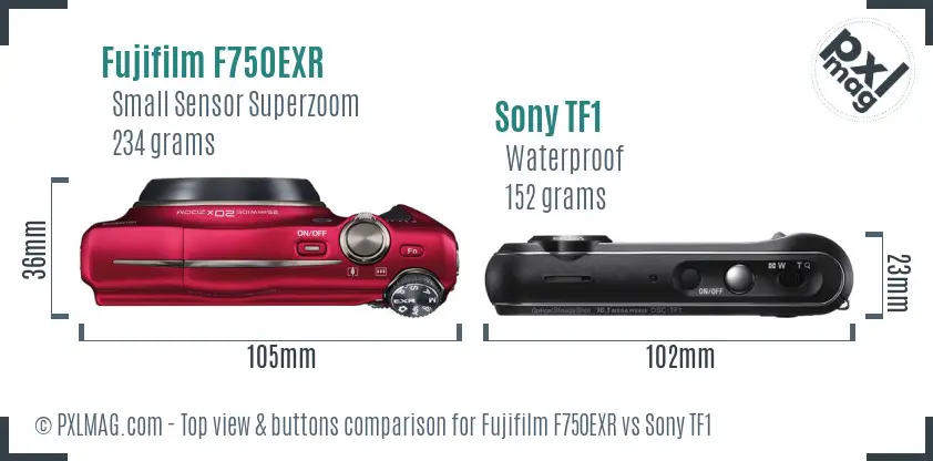 Fujifilm F750EXR vs Sony TF1 top view buttons comparison