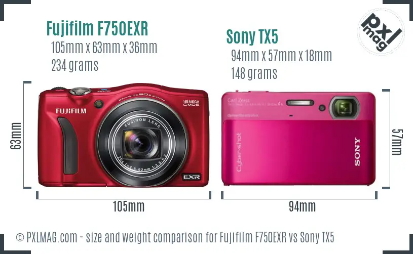 Fujifilm F750EXR vs Sony TX5 size comparison Fujifilm F750EXR vs Sony TX5 size comparison