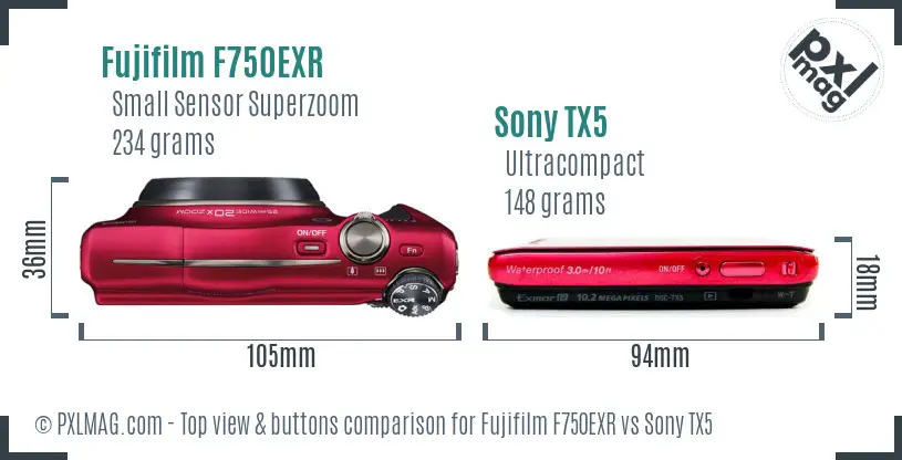 Fujifilm F750EXR vs Sony TX5 top view buttons comparison Fujifilm F750EXR vs Sony TX5 top view buttons comparison