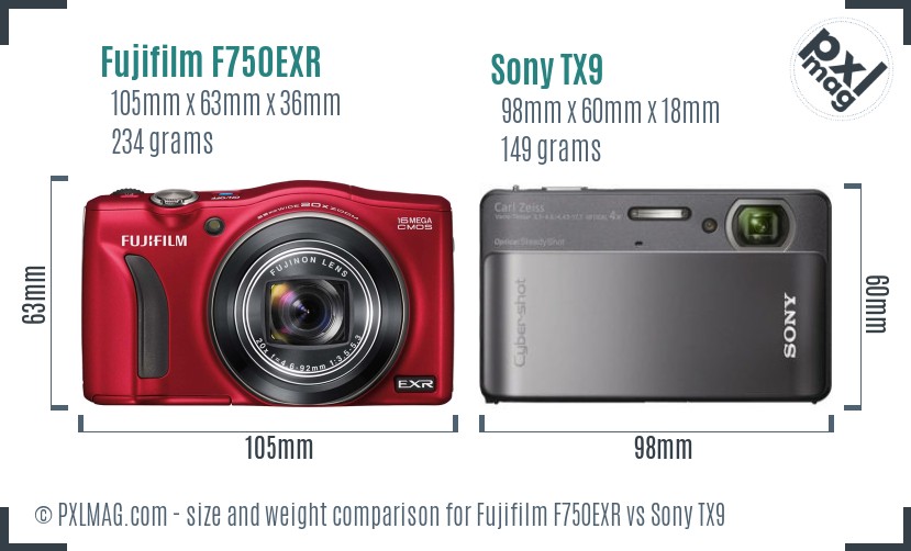 Fujifilm F750EXR vs Sony TX9 size comparison