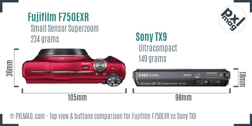Fujifilm F750EXR vs Sony TX9 top view buttons comparison