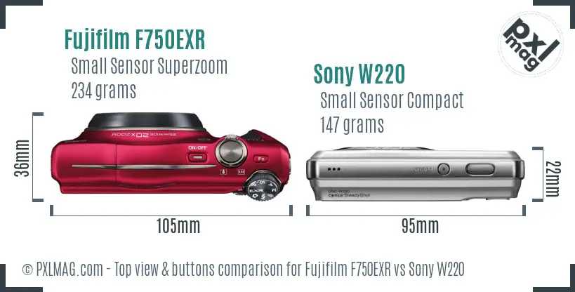 Fujifilm F750EXR vs Sony W220 top view buttons comparison