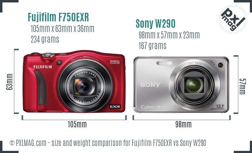Fujifilm F750EXR vs Sony W290 size comparison