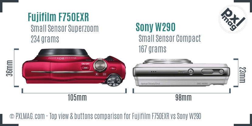Fujifilm F750EXR vs Sony W290 top view buttons comparison