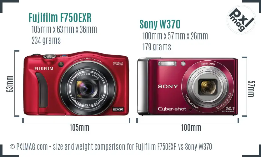 Fujifilm F750EXR vs Sony W370 size comparison