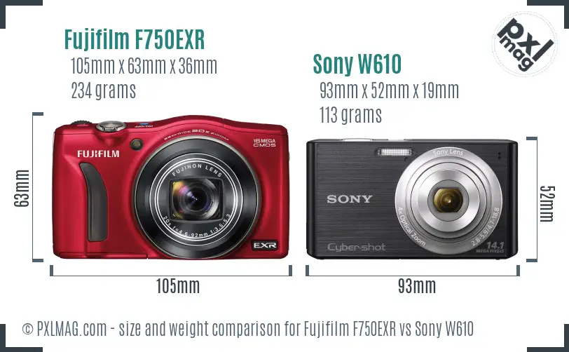 Fujifilm F750EXR vs Sony W610 size comparison