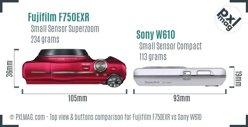 Fujifilm F750EXR vs Sony W610 top view buttons comparison