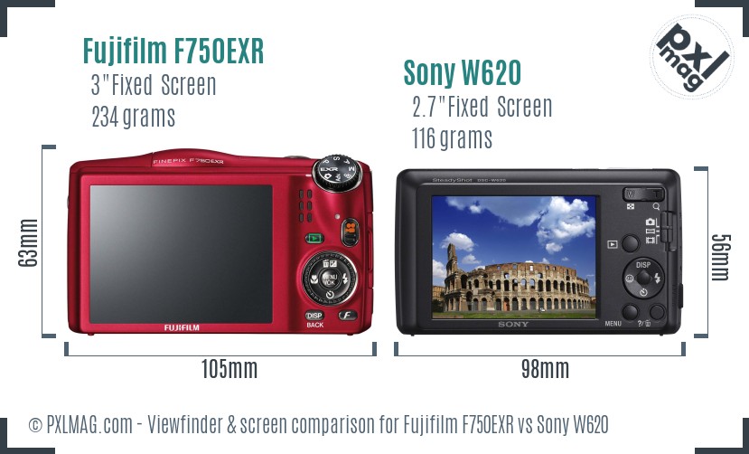 Fujifilm F750EXR vs Sony W620 Screen and Viewfinder comparison