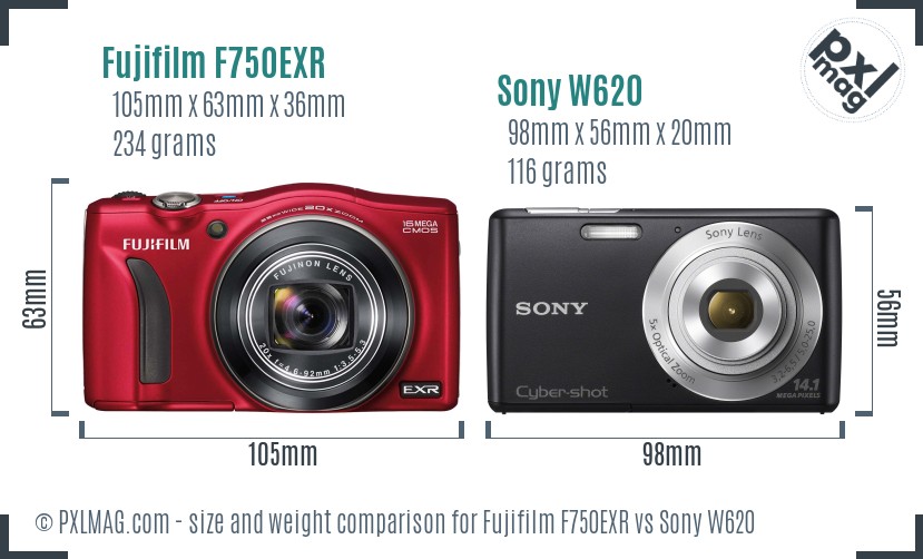 Fujifilm F750EXR vs Sony W620 size comparison