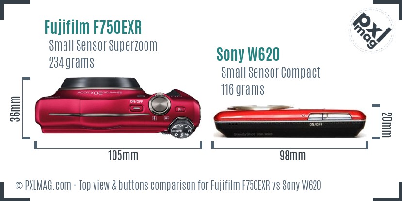 Fujifilm F750EXR vs Sony W620 top view buttons comparison