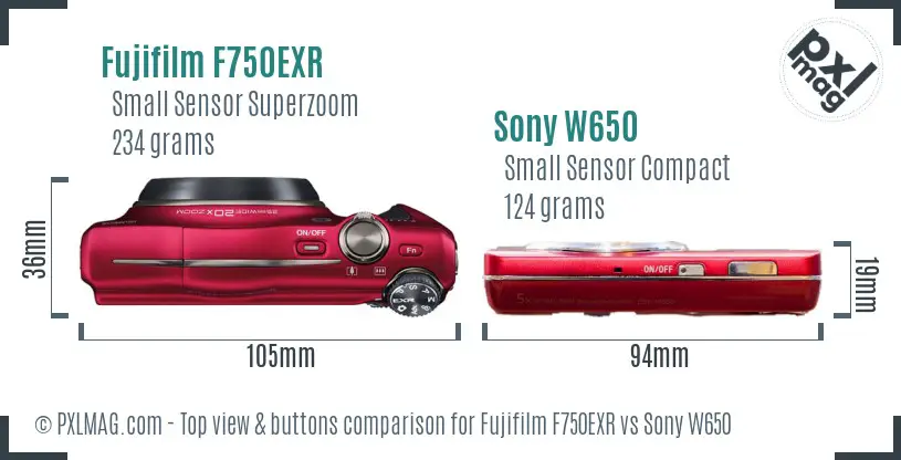 Fujifilm F750EXR vs Sony W650 top view buttons comparison