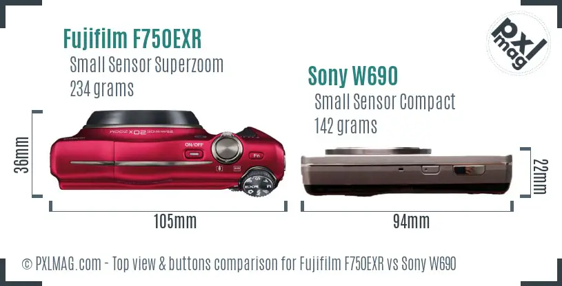 Fujifilm F750EXR vs Sony W690 top view buttons comparison