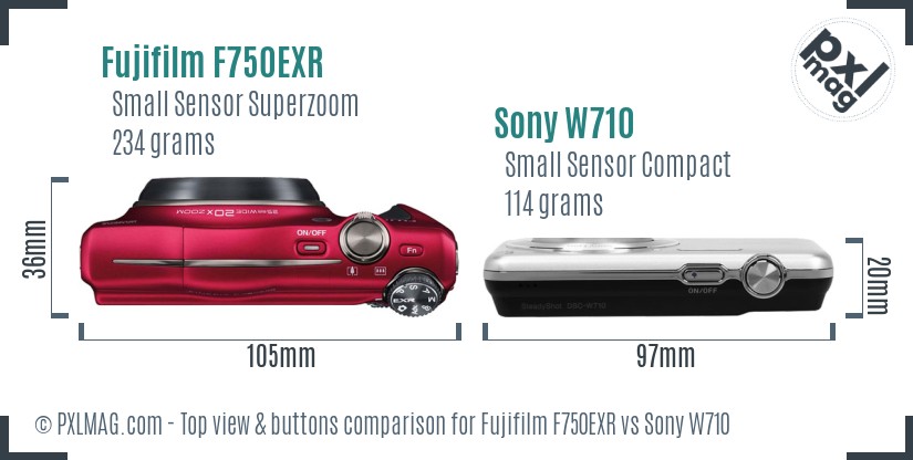 Fujifilm F750EXR vs Sony W710 top view buttons comparison